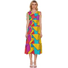 Abstract Cube Colorful  3d Square Pattern V-Neck Drawstring Shoulder Sleeveless Maxi Dress