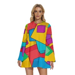 Abstract Cube Colorful  3d Square Pattern Round Neck Long Sleeve Bohemian Style Chiffon Mini Dress