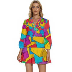 Abstract Cube Colorful  3d Square Pattern V-Neck Placket Mini Dress