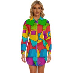 Abstract Cube Colorful  3d Square Pattern Womens Long Sleeve Shirt Dress