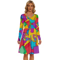 Abstract Cube Colorful  3d Square Pattern Long Sleeve Dress With Pocket