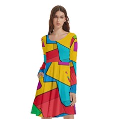 Abstract Cube Colorful  3d Square Pattern Long Sleeve Knee Length Skater Dress With Pockets