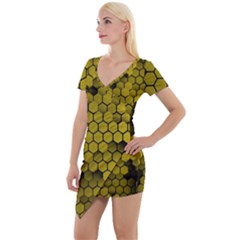 Yellow Hexagons 3d Art Honeycomb Hexagon Pattern Short Sleeve Asymmetric Mini Dress