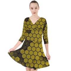 Yellow Hexagons 3d Art Honeycomb Hexagon Pattern Quarter Sleeve Front Wrap Dress