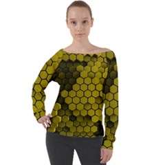 Yellow Hexagons 3d Art Honeycomb Hexagon Pattern Off Shoulder Long Sleeve Velour Top by Cemarart