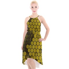 Yellow Hexagons 3d Art Honeycomb Hexagon Pattern High-low Halter Chiffon Dress 