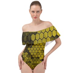 Yellow Hexagons 3d Art Honeycomb Hexagon Pattern Off Shoulder Velour Bodysuit  by Cemarart