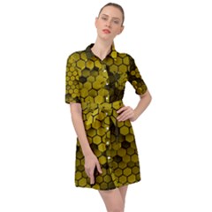 Yellow Hexagons 3d Art Honeycomb Hexagon Pattern Belted Shirt Dress by Cemarart