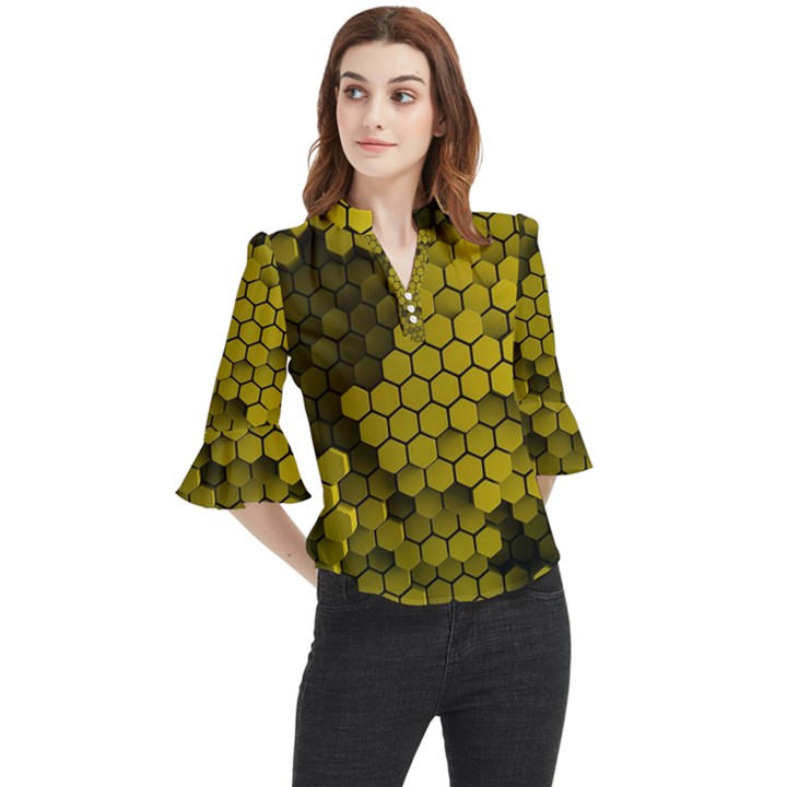 Yellow Hexagons 3d Art Honeycomb Hexagon Pattern Loose Horn Sleeve Chiffon Blouse