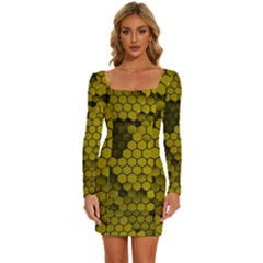 Yellow Hexagons 3d Art Honeycomb Hexagon Pattern Long Sleeve Square Neck Bodycon Velvet Dress by Cemarart