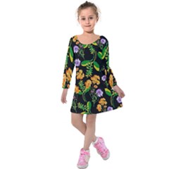 Flowers Pattern Art Floral Texture Kids  Long Sleeve Velvet Dress