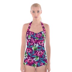 Flowers Pattern Art Texture Floral Boyleg Halter Swimsuit 