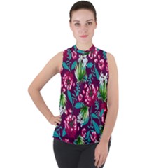 Flowers Pattern Art Texture Floral Mock Neck Chiffon Sleeveless Top