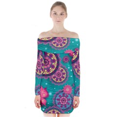 Floral Pattern Abstract Colorful Flow Oriental Spring Summer Long Sleeve Off Shoulder Dress
