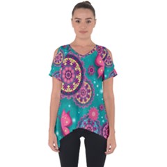 Floral Pattern Abstract Colorful Flow Oriental Spring Summer Cut Out Side Drop T-shirt by Cemarart