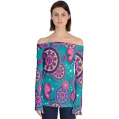 Floral Pattern Abstract Colorful Flow Oriental Spring Summer Off Shoulder Long Sleeve Top