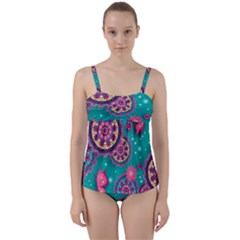 Floral Pattern Abstract Colorful Flow Oriental Spring Summer Twist Front Tankini Set by Cemarart