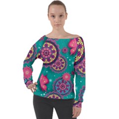 Floral Pattern Abstract Colorful Flow Oriental Spring Summer Off Shoulder Long Sleeve Velour Top