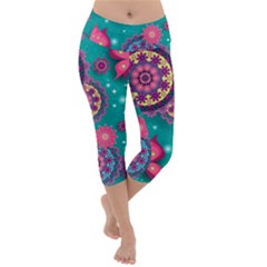 Floral Pattern Abstract Colorful Flow Oriental Spring Summer Lightweight Velour Capri Yoga Leggings by Cemarart