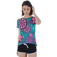 Floral Pattern Abstract Colorful Flow Oriental Spring Summer Short Sleeve Open Back T-shirt by Cemarart