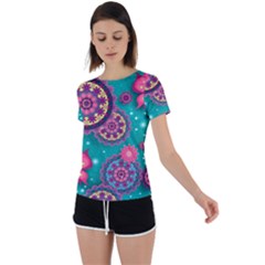 Floral Pattern Abstract Colorful Flow Oriental Spring Summer Back Circle Cutout Sports T-shirt by Cemarart