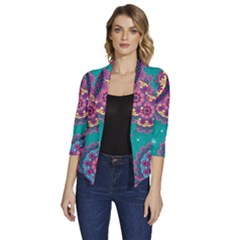 Floral Pattern Abstract Colorful Flow Oriental Spring Summer Women s Draped Front 3/4 Sleeve Shawl Collar Jacket by Cemarart