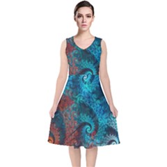 Fractal Art Spiral Ornaments Pattern V-neck Midi Sleeveless Dress 