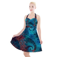 Fractal Art Spiral Ornaments Pattern Halter Party Swing Dress 