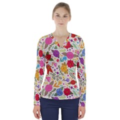 Colorful Flowers Pattern V-neck Long Sleeve Top