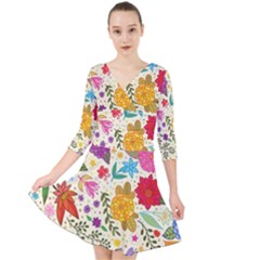 Colorful Flowers Pattern Quarter Sleeve Front Wrap Dress