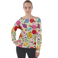 Colorful Flowers Pattern Off Shoulder Long Sleeve Velour Top