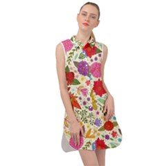 Colorful Flowers Pattern Sleeveless Shirt Dress by Cemarart