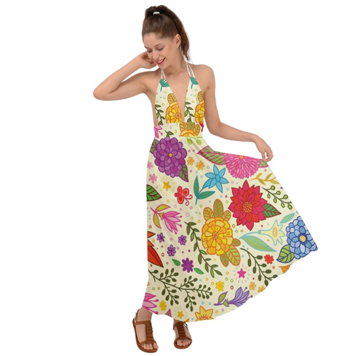 Colorful Flowers Pattern Backless Maxi Beach Dress