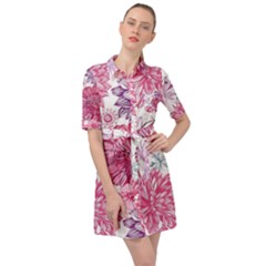 Violet Floral Pattern Belted Shirt Dress by Cemarart