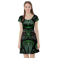 Fractal Green Black 3d Art Floral Pattern Short Sleeve Skater Dress