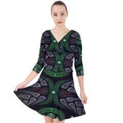 Fractal Green Black 3d Art Floral Pattern Quarter Sleeve Front Wrap Dress