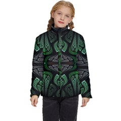 Fractal Green Black 3d Art Floral Pattern Kids  Puffer Bubble Jacket Coat