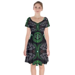 Fractal Green Black 3d Art Floral Pattern Short Sleeve Bardot Dress