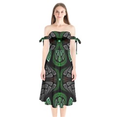 Fractal Green Black 3d Art Floral Pattern Shoulder Tie Bardot Midi Dress