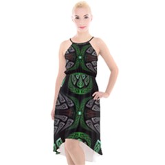 Fractal Green Black 3d Art Floral Pattern High-low Halter Chiffon Dress 