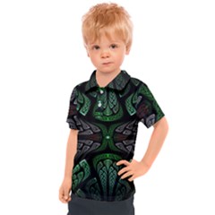 Fractal Green Black 3d Art Floral Pattern Kids  Polo T-shirt