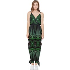 Fractal Green Black 3d Art Floral Pattern Sleeveless Tie Ankle Chiffon Jumpsuit