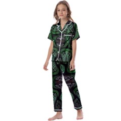 Fractal Green Black 3d Art Floral Pattern Kids  Satin Short Sleeve Pajamas Set