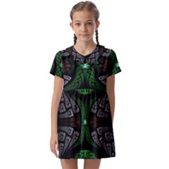 Fractal Green Black 3d Art Floral Pattern Kids  Asymmetric Collar Dress