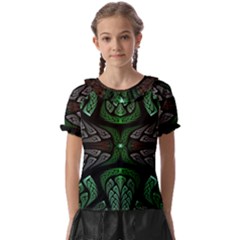 Fractal Green Black 3d Art Floral Pattern Kids  Frill Chiffon Blouse