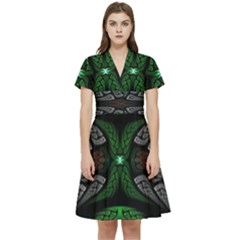 Fractal Green Black 3d Art Floral Pattern Short Sleeve Waist Detail Dress