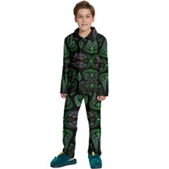 Fractal Green Black 3d Art Floral Pattern Kids  Long Sleeve Velvet Pajamas Set