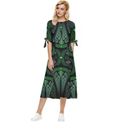 Fractal Green Black 3d Art Floral Pattern Bow Sleeve Chiffon Midi Dress