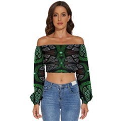 Fractal Green Black 3d Art Floral Pattern Long Sleeve Crinkled Weave Crop Top