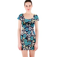 Blue Flower Floral Flora Naure Pattern Short Sleeve Bodycon Dress